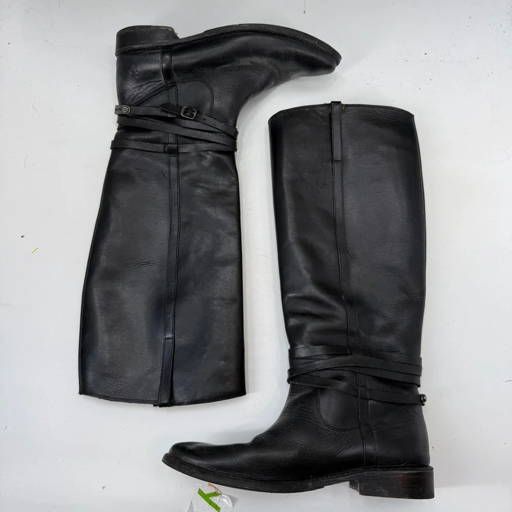 FRYE Melissa Button Lug Equestrian Inspired Tall Boots Black Women's Size 8 B